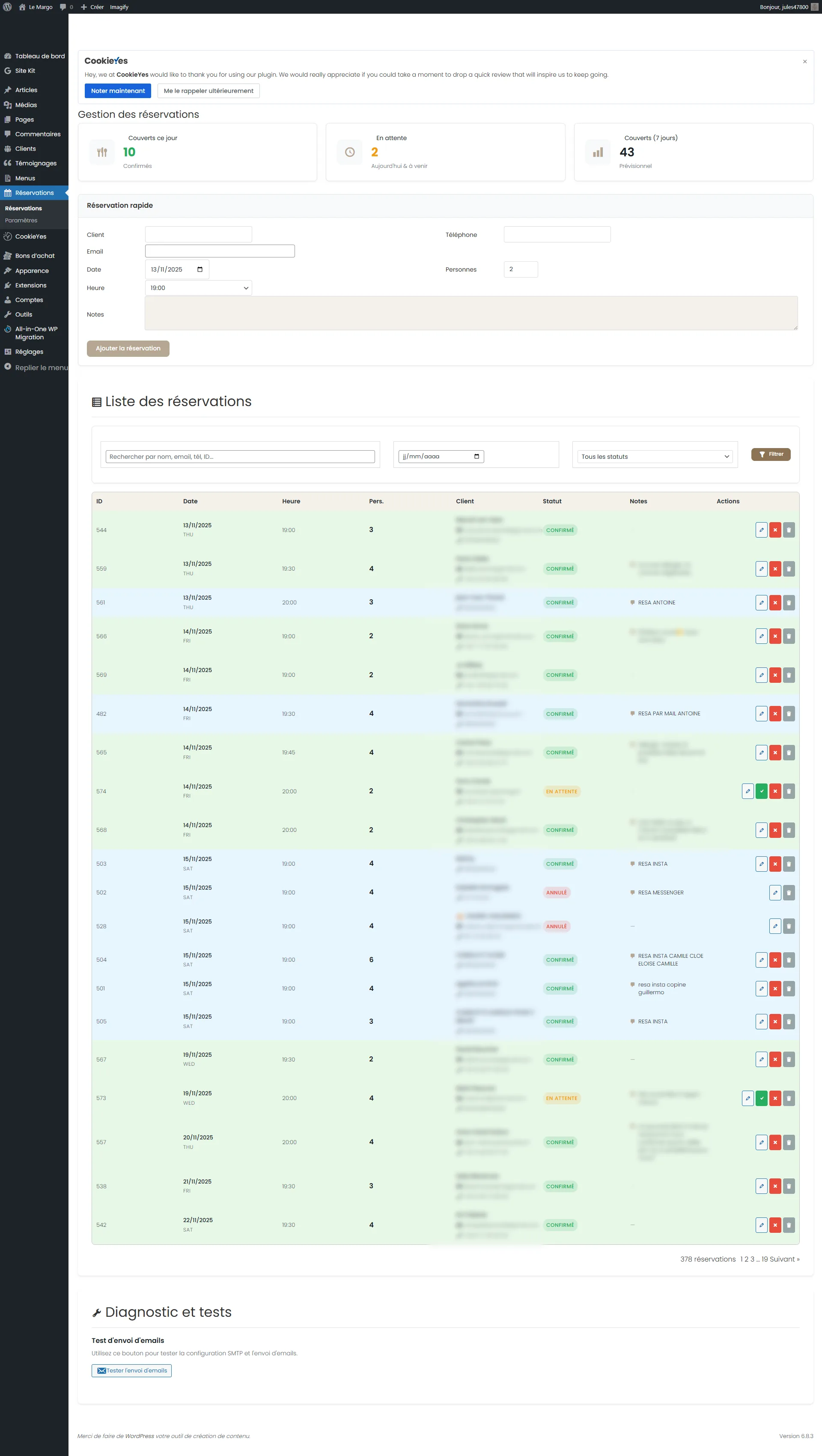 Interface de gestion — écran Réservations